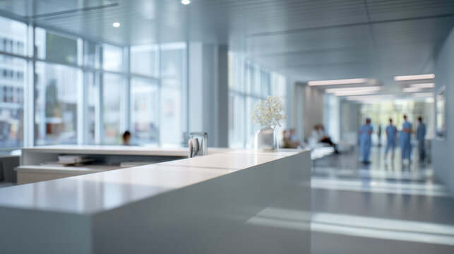 Modern healthcare facility reception area with bright natural light and medical staff walking in the background of a clean hospital corridor