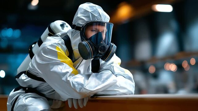 Man in heavy-duty protective suit sitting on a beam, face obscured by helmet visor reflections, background defocused for depth, with copy space