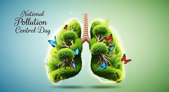 Lungs with green grass and butterflies representing national pollution control day, a concept for environmental protection and awareness