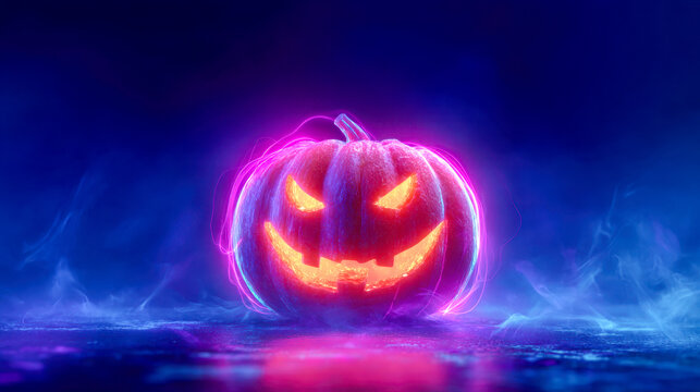 Glowing jack-o?-lantern with neon purple light and eerie smoke on a dark surface creating a spooky Halloween atmosphere in vibrant contrast