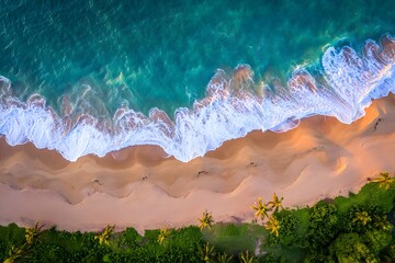 Aerial view of a tropical beach with turquoise water and lush green vegetation along the coast