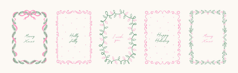 Set of vintage doodle hand drawn Xmas borders with branches Christmas tree, whimiscal lines, decorative patterns, mistletoe, lights garland. Trendy holiday frames for poster, card, invitation.