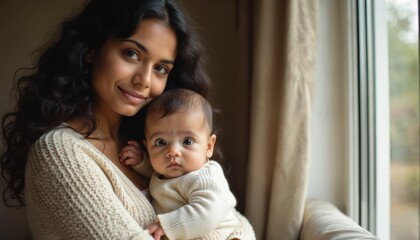 A beautiful woman embraces her infant child near a window. Warm light illuminates their tender connection within a cozy home setting. This image conveys love family and care between mother and baby.
