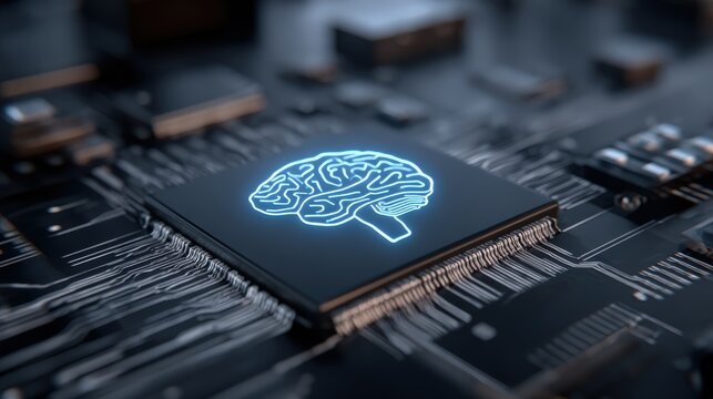 Illuminated symbol of cognitive processing glows brightly on a microchip surface
