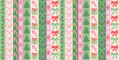 Christmas striped decorative seamless pattern with hand drawn bows, Xmas tree, gifts, candy cane, stars and holly. Vintage holiday vector wrapping paper, Christmas cute background, winter textile.