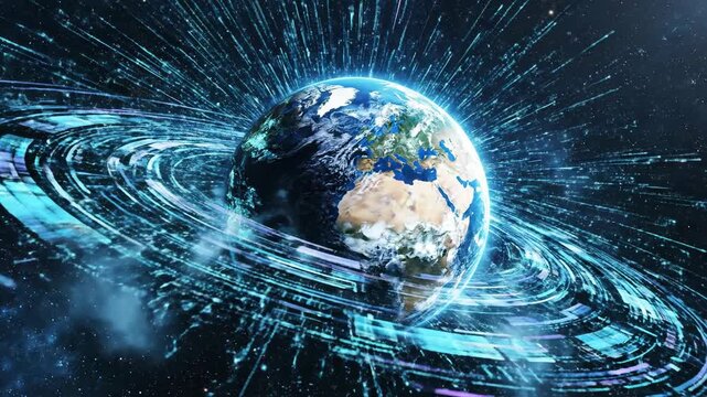 Earth surrounded by digital technology and data streams in space showing global connectivity and communication networks for international business and scientific research