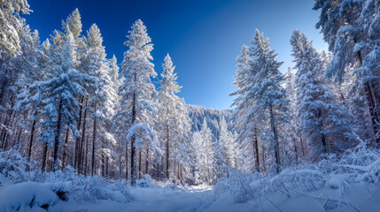 Serene winter forest landscape with tall evergreen trees blanketed in fresh snow under a clear blue sky during a sunny cold day in the mountains