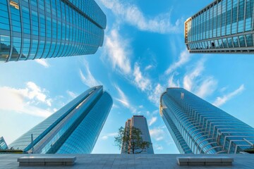 Modern glass skyscrapers reaching towards a cloudy blue sky