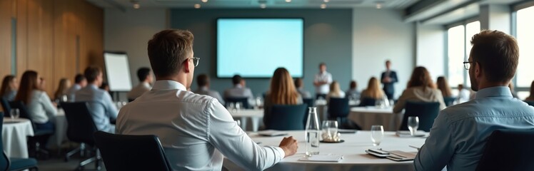 People attending business conference in hall. Man presents report on screen during seminar. Businessmen meeting concept. Education workshop for leadership teamwork collaboration. Corporate team