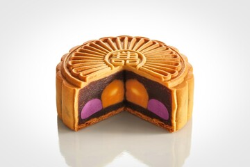Traditional chinese mooncake with rich filling cut in half