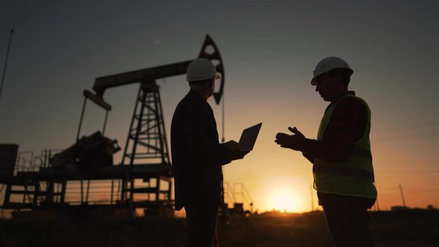 Inspecting oil field at sunset with worker and engineer in silhouette beside pumpjack and rig while technician uses laptop helmet and safety vest visible inspection of energy extraction operation