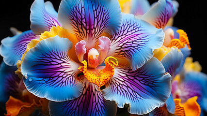 Vibrant Blue and Purple Orchid Blossoms Showcasing Intricate Details in a Dark Background