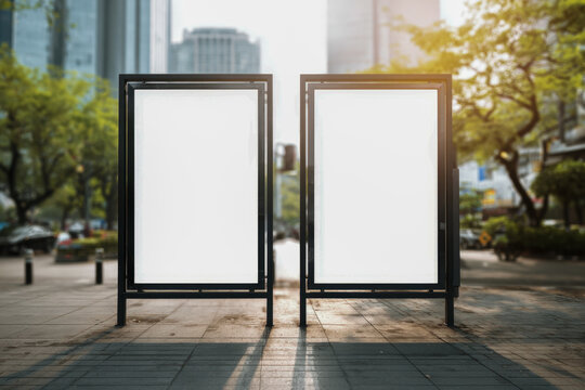 Two blank vertical advertising billboards standing side by side on an urban sidewalk with sunlight filtering through nearby trees and cityscape background
