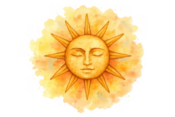 Sun with a face illustration in watercolor style, radiating spiritual energy, astrology, pagan and esoteric symbolism