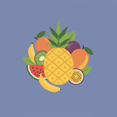 A colorful flat illustration shows a variety of tropical fruits including pineapple, banana, kiwi, passion fruit, and watermelon against a blue background.