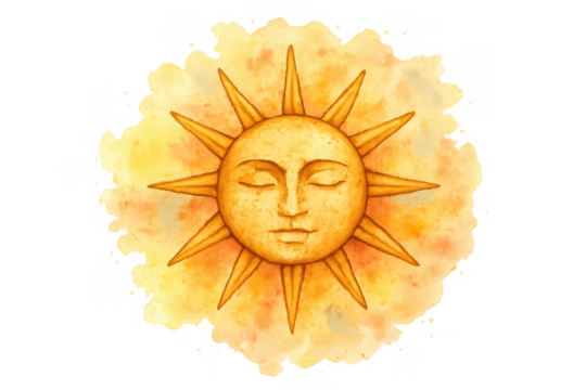 Sun with a face illustration in watercolor style, radiating spiritual energy, astrology, pagan and esoteric symbolism - Powered by Adobe