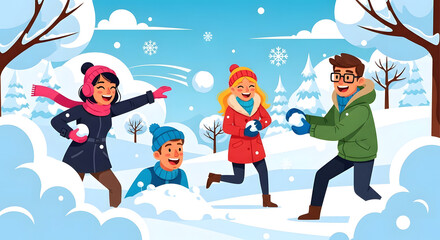 Fototapeta premium Happy Snowball Fight in Winter