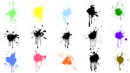 Set of different color round ink splashes and drops of round shapes made with brush. Blobs and spatters. Design element. Isolated illustration