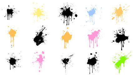 Set of different color round ink splashes and drops of round shapes made with brush. Blobs and spatters. Design element. Isolated illustration