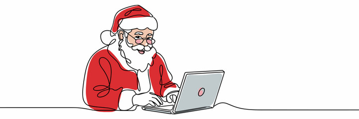Santa Claus typing on laptop in minimalist line art with color accents, single line drawing with color accents on white background