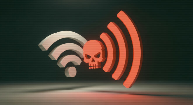 An ominous, stylized image conveying the dangers of unsecured wireless networks, highlighting the vulnerability of online security.