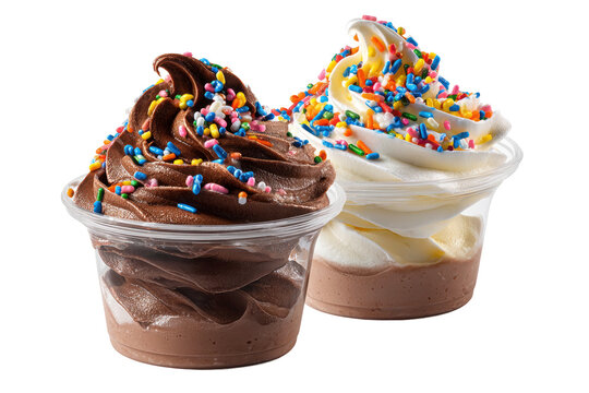Two colorful soft serve ice creams with sprinkles on transparent background