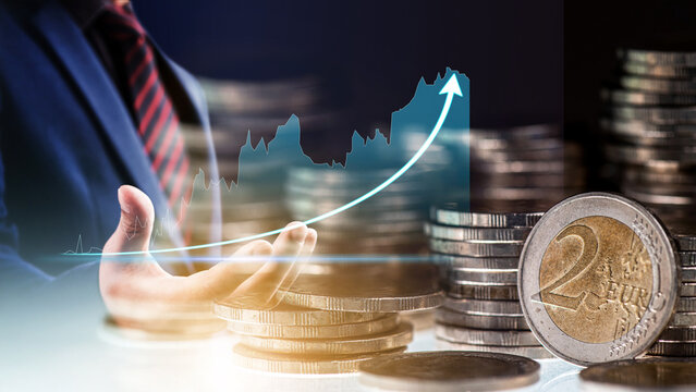 Double exposure of stock market graph and businessman with step of coin. financial stock exchange marketing for 2026 concept.	
 - Powered by Adobe