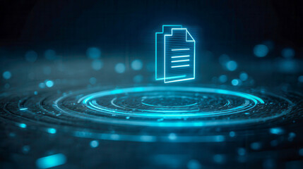 Futuristic digital document icon projection with glowing blue holographic interface and circular data visualization in a high tech environment