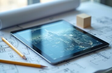 Digital tablet displays BIM software on blueprints. Pencils rest on architectural plans. A small cube sits nearby. Modern tech aids design and planning.