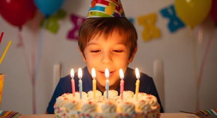 Boy in party hat blowing out birthday cake candles.