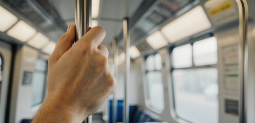 Hand gripping a subway strap symbolizing everyday urban travel on public transport