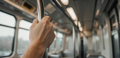 Hand gripping a subway strap symbolizing everyday urban travel on public transport