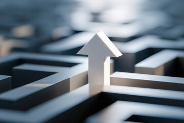 White arrow rising above a dark maze symbolizing success, direction, and breakthrough amidst complex challenges and obstacles in a conceptual business metaphor
