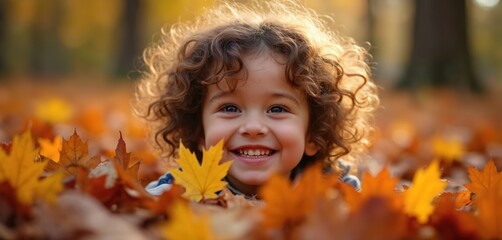 Fototapeta premium Cute curly-haired child surrounded by autumn leaves. Little boy smiles in fallen leaves on forest floor. Happy kid plays outside in fall season. Child enjoys nature in park. Young boy with curly hair
