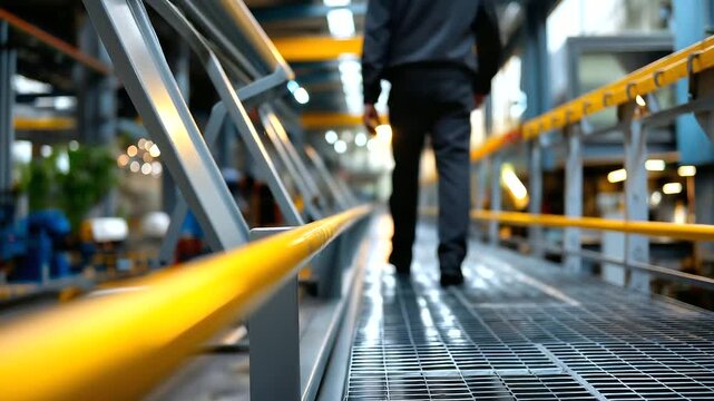 Faceless worker on an elevated metal walkway, sunlight bouncing off surfaces, blurred machinery below adding depth, with copy space