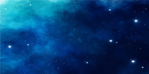 Abstract blue night sky nebula galaxy with bright light stars on a deep cosmos outer space background © PIXEL GLOW