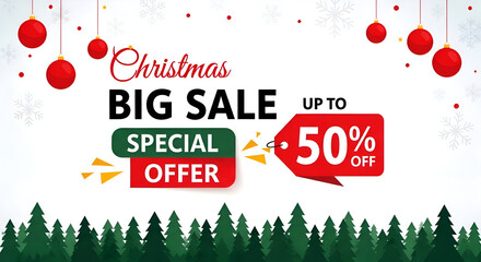 Christmas big sale promotion advertisement banner special offer up to fifty percent off red baubles snow flakes border design element pine forest silhouette background happy new year 2026 eve merry 