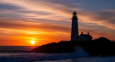 Dramatic Sunset Over Rugged Coastline With Iconic Lighthouse.
