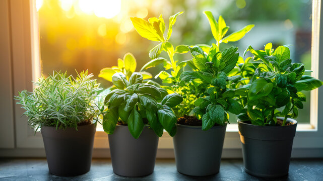 Fresh Herbs Growing Under Sunlight by the Window in a Cozy Kitchen Setting - Powered by Adobe