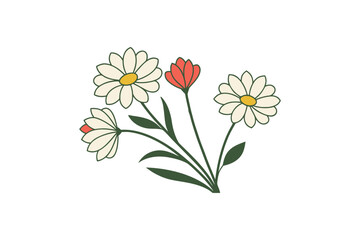 Naklejka premium A Simple and Charming Illustration of Daisies and a Red Flower on a White Background