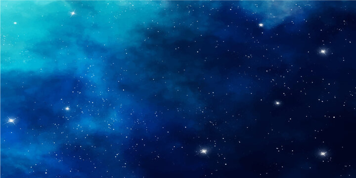 Deep blue outer space background with bright stars, an abstract nebula of light in the dark universe