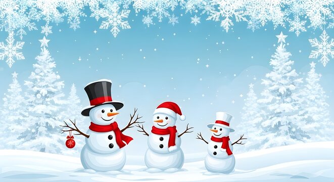 Three happy snowmen stand together in a snowy winter wonderland landscape scene - Powered by Adobe