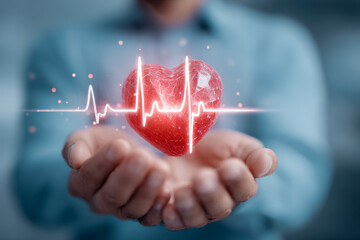 Person holding a glowing red heart symbol with an animated heartbeat line representing cardiovascular health and medical care technology concept