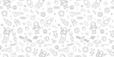 Obraz premium Seamless pattern with space doodles, line art. Hand drawn illustrations, repeating childish monochrome backdground