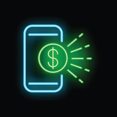 Neon glowing sign of a smartphone sending money transfer symbolized by a dollar coin and light rays