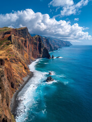 Obraz premium Majestic ocean cliffs with rugged rocky shoreline under a vibrant blue sky dotted with fluffy white clouds along a breathtaking scenic coastline view