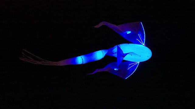 Aerial jellyfish lantern with LED lines drifts at night in Riga, Latvia during Staro Riga 2025. Blue light and minimalist frame create an underwater illusion.