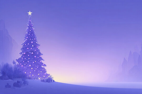 Atmospheric digital painting christmas tree illustration, soft purple mist and a warm glowing backlight for a serene and dreamlike xmas winter landscape