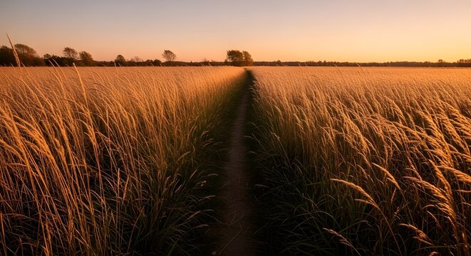 Golden path through a vast crop field at a beautiful sunset.