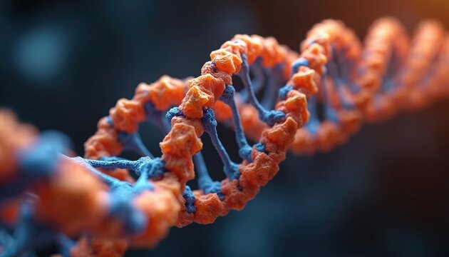 Detailed 3D rendering displays peptide chain structure with amino acid sequence. Molecular model visualizes biomedicine tech abstract on dark backdrop for science research or modern medicine.